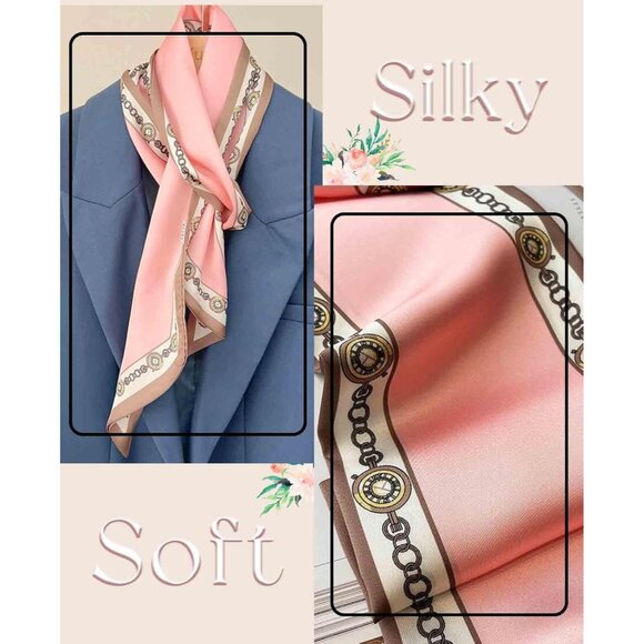Women's Pink Brown Chain Fashion Oblique Angle Silk Neck Scarf Printed Scarves - Picture 3 of 7